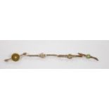 A Victorian 15ct, diamond and seed pearl cluster set bar brooch, 59mm, gross 4 grams and three other