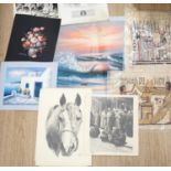 A group of assorted pictures and prints including Egyptian papyrus paintings, 41 x 33cm