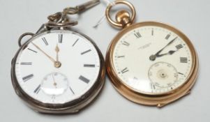 A George V J.W. Benson 9ct gold open faced pocket watch (a.f.), with interior personalised
