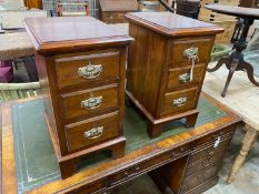 A pair of Edwardian and later mahogany three drawer bedside chests, altered, width 34cm, depth 44cm,