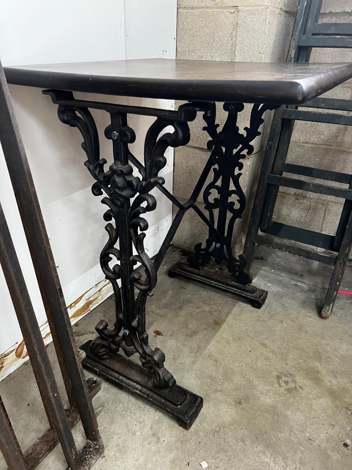 Two Victorian style cast metal stained wood topped tavern tables, larger width 120cm, depth 60cm, - Image 2 of 4