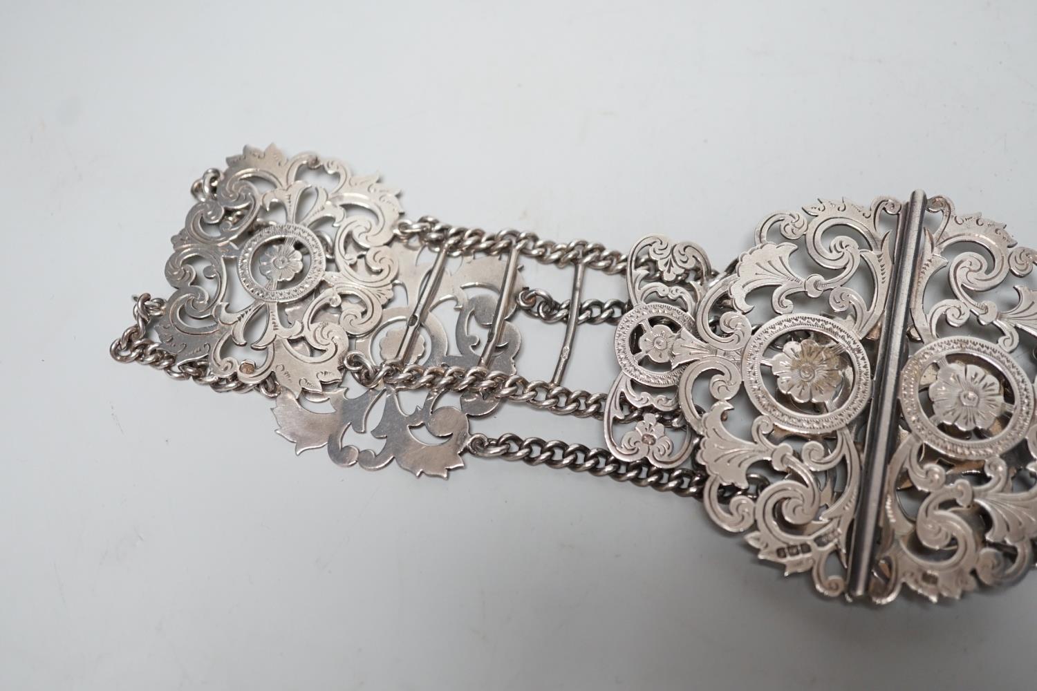A late Victorian pierced silver belt, with chain links, James Dixon & Sons, Sheffield, 1898, overall - Image 4 of 5