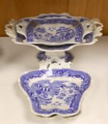 An early 19th century pearlware part dessert set - comport and three shaped dishes, comport 36cms