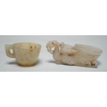 A Chinese hardstone rhyton cup and a bowenite jade cup, largest 9cm