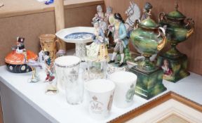 A group of porcelain figures, Doulton royal commemoratives, a Goebel Art Deco powder bowl and pin