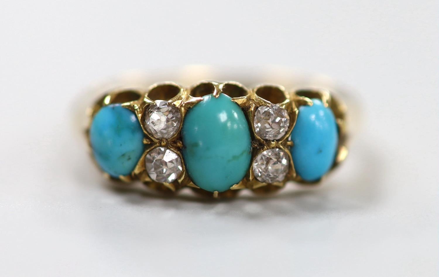 A late Victorian 18ct gold, three stone turquoise and four stone diamond set half hoop ring, size L, - Image 2 of 4