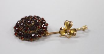 A yellow metal 'shamrock' bar brooch, 36mm, 1.6 grams and a late Victorian gilt white metal and