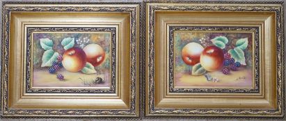 James Skerrett (Royal Worcester artist), pair of hand painted porcelain plaques, Still lifes of