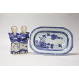 A Chinese blue and white dish, Qianlong period, and He He Erxian jossstick holder. Tallest 15.5cm