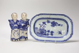 A Chinese blue and white dish, Qianlong period, and He He Erxian jossstick holder. Tallest 15.5cm