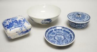 A A Chinese blue and white Dragon medallion bowl, 16.3 cm, a blue and white pot cover and stand