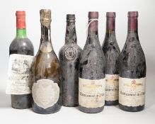 Three bottles of Chateauneuf-du-pape, One bottle of Pomerol, one bottle of port and one bottle of