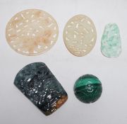Two Chinese jadeite carvings, two pierce hardstone plaques and a malachite carving (5)