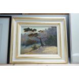 Russian School, oil on canvas, Pine tree on a hillside, signed, 20 x 26cm