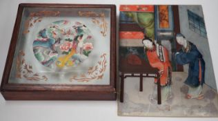 A Chinese reverse glass painting and a box cover with reverse painted glass panel