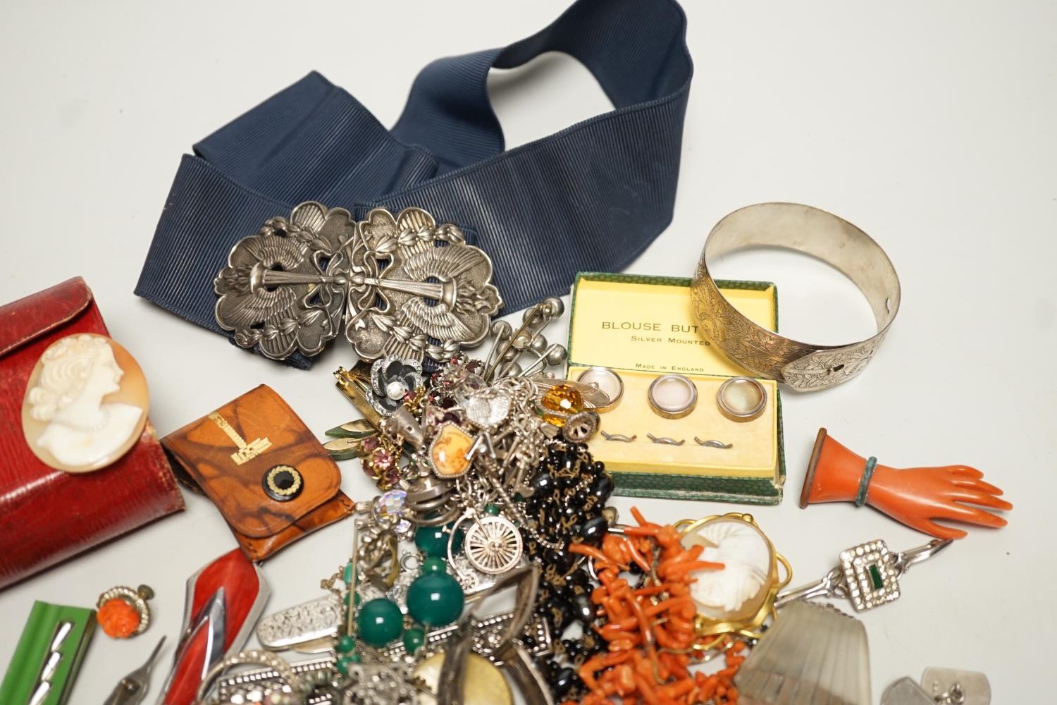Assorted costume jewellery and other items including a silver belt buckle and enamelled egg - Image 3 of 6