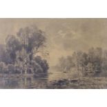 Maxime Lalanne (1827-1886), charcoal on paper, River landscape, label remnant verso, 28 x 41cm