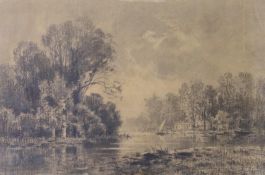 Maxime Lalanne (1827-1886), charcoal on paper, River landscape, label remnant verso, 28 x 41cm