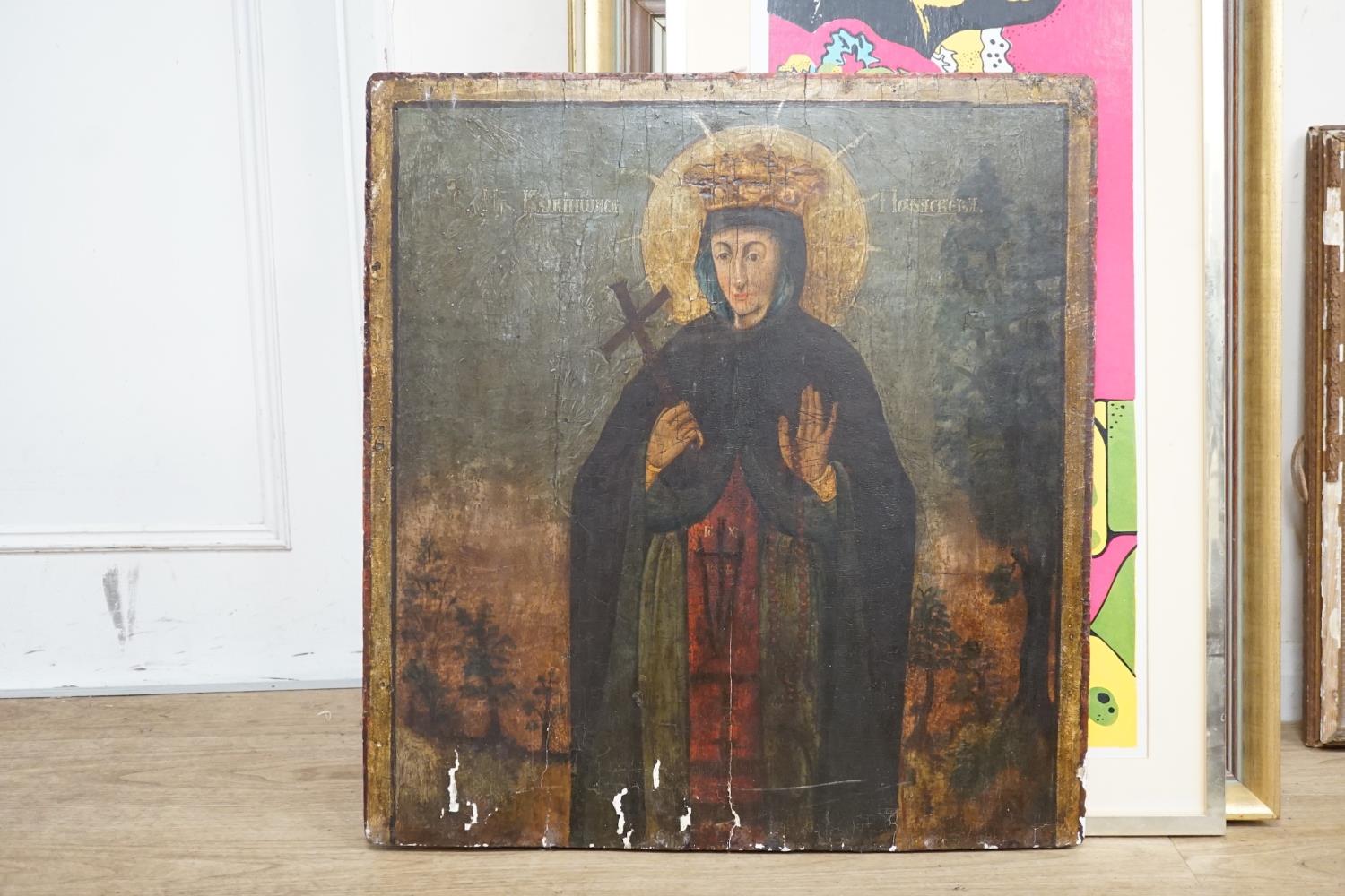 19th century Russian School, tempera on panel, Icon of a female saint, 62 x 58cm - Image 2 of 6