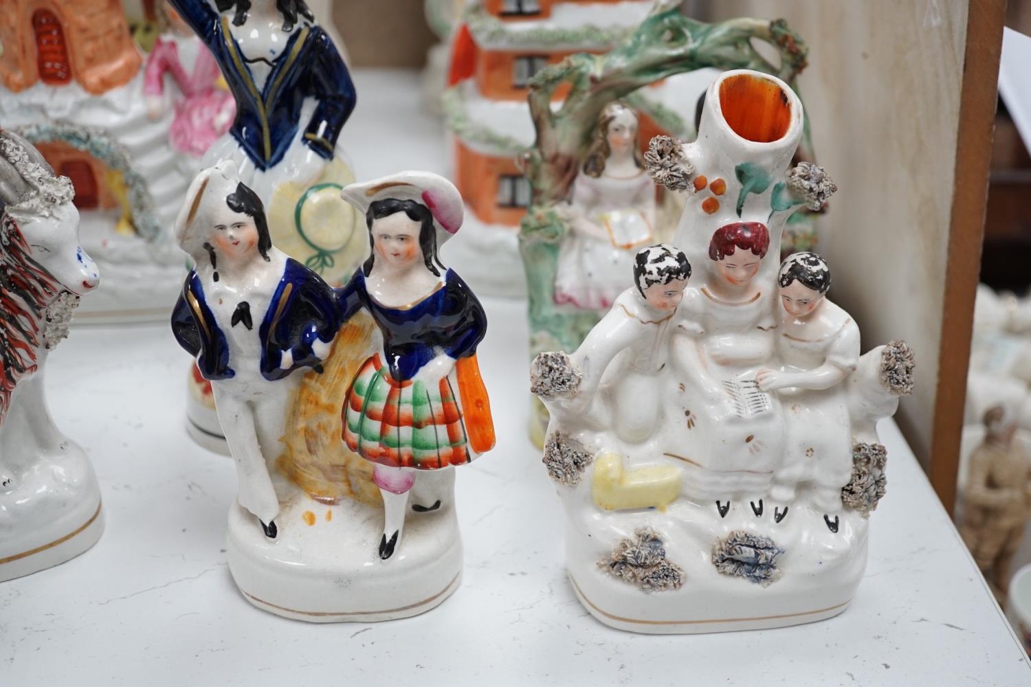 A collection of Victorian Staffordshire pottery flat-back figures and groups, tallest 29cm - Image 2 of 6