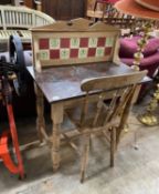A late Victorian pine tiled back marble topped washstand, width 78cm, depth 46cm, height 106cm