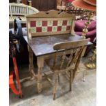 A late Victorian pine tiled back marble topped washstand, width 78cm, depth 46cm, height 106cm