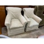 A pair of Edwardian upholstered armchairs, width 80cm, depth 70cm, height 92cm