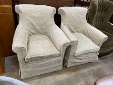 A pair of Edwardian upholstered armchairs, width 80cm, depth 70cm, height 92cm