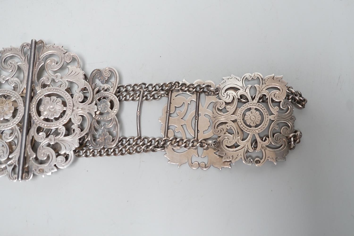 A late Victorian pierced silver belt, with chain links, James Dixon & Sons, Sheffield, 1898, overall - Image 2 of 5
