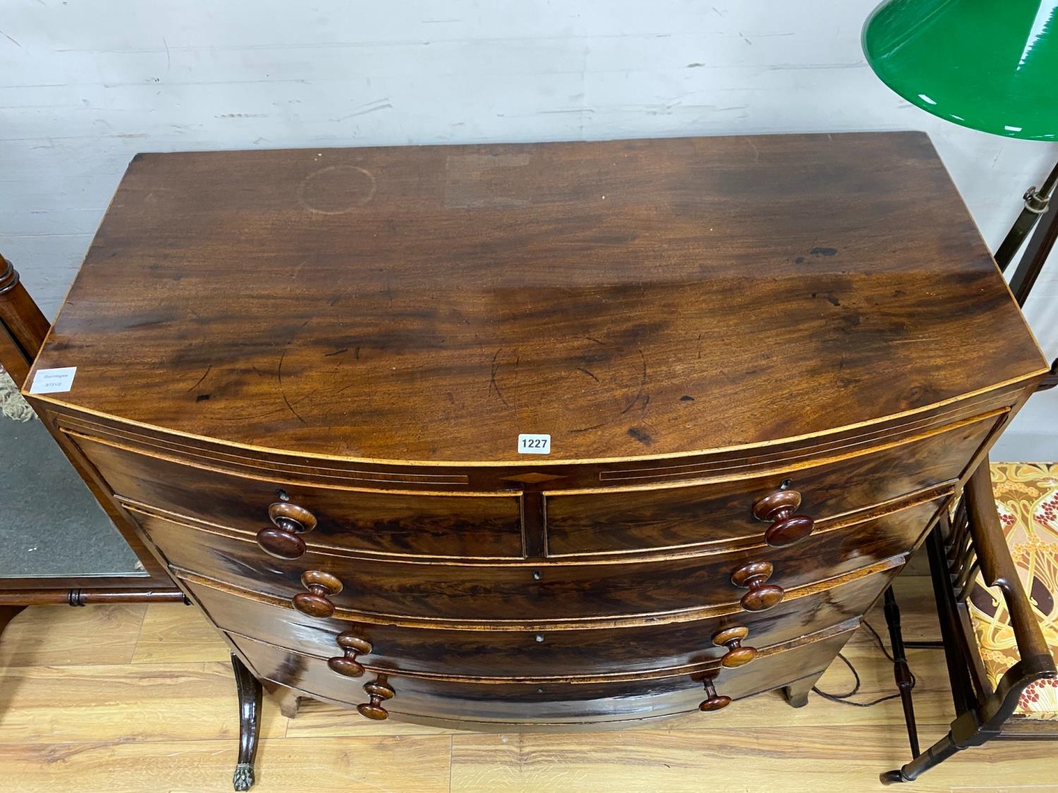 An early Victorian mahogany bowfront chest of two short and three long drawers, width 95cm, depth - Image 2 of 2