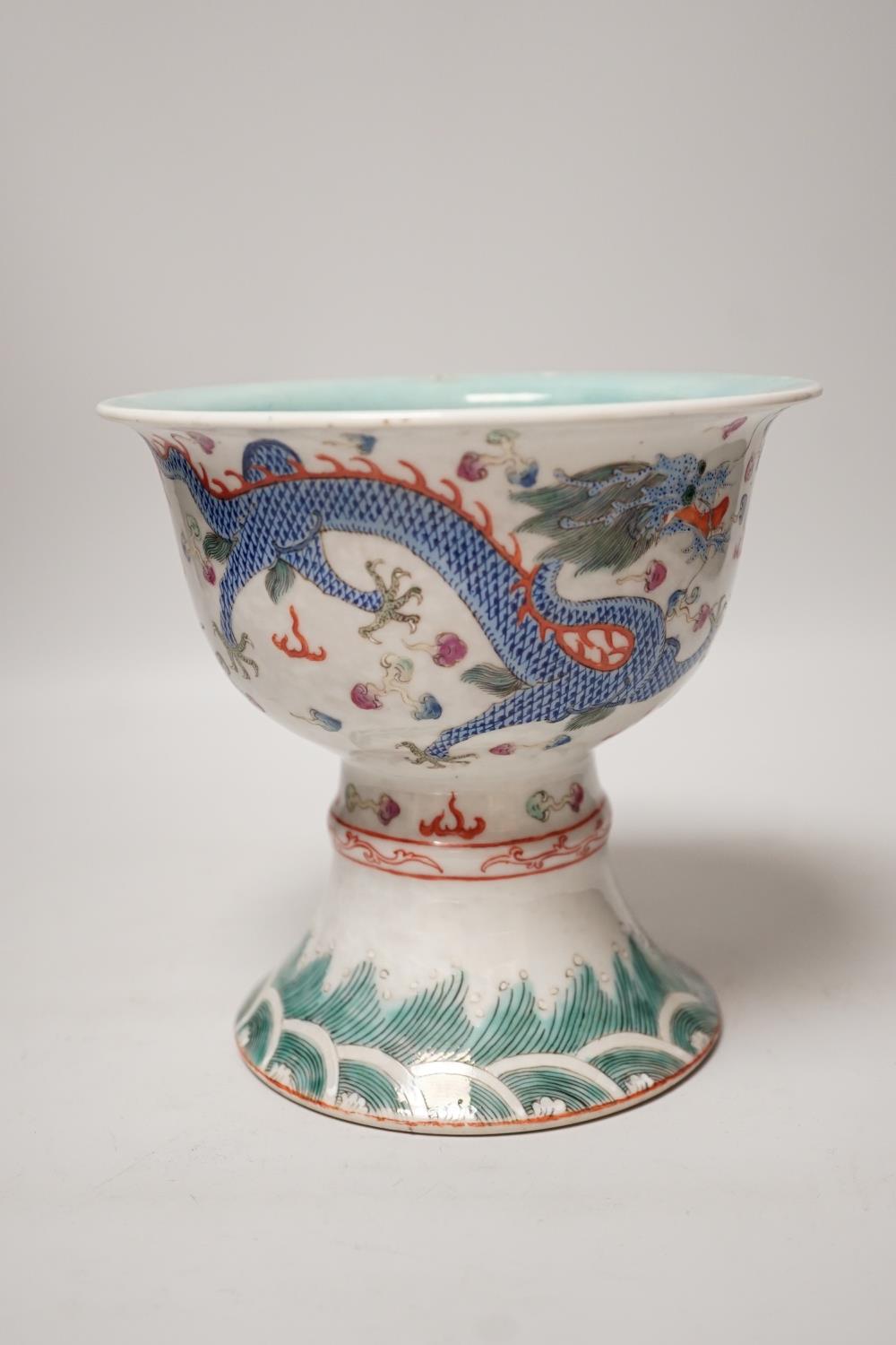 A large 19th century Chinese enamelled porcelain ‘dragon’ stem bowl, 16.5cm - Image 4 of 8