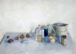 Modern British, oil on board, Table top still life, 43 x 58cm