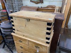 A Victorian iron bound pine trunk, width 84cm, depth 44cm, height 45cm