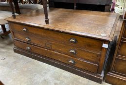 An early 20th century pine three drawer plan chest section, length 122cm, depth 83cm, height 48cm