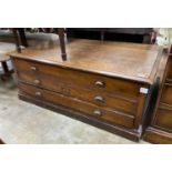 An early 20th century pine three drawer plan chest section, length 122cm, depth 83cm, height 48cm