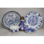 Three Chinese blue and white dishes and a bowl, together with an Imari vase. Largest 23cm diameter