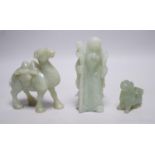 Three Chinese bowenite jade carvings of a Bactrian camel, a Pekinese dog and Shou Lao, tallest 12cm