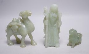 Three Chinese bowenite jade carvings of a Bactrian camel, a Pekinese dog and Shou Lao, tallest 12cm