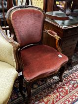 A late 19th century French upholstered oak fauteuil, width 68cm, depth 50cm, height 91cm