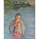 West Indian School, oil on canvas, Woman bathing on the shoreline, 60 x 50cm