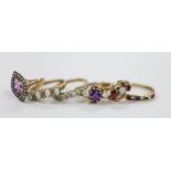 Six assorted modern 9ct and gem set rings, including an amethyst and diamond set three stone