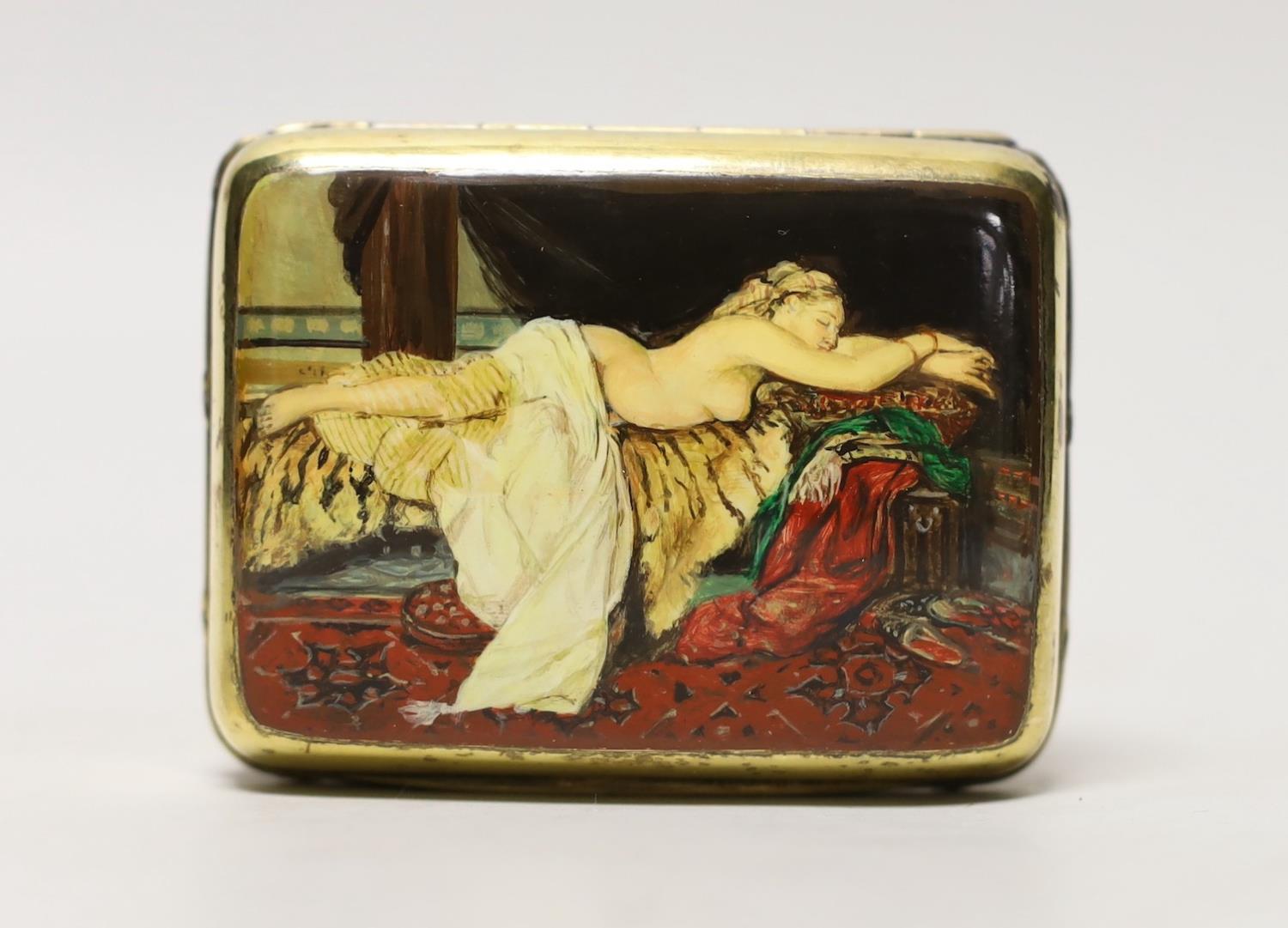 A George V silver gilt box and cover, by Albert Barker, London, 1913, the cover later? enamelled