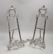 A pair of silver plated Rococo style easels, 41cm