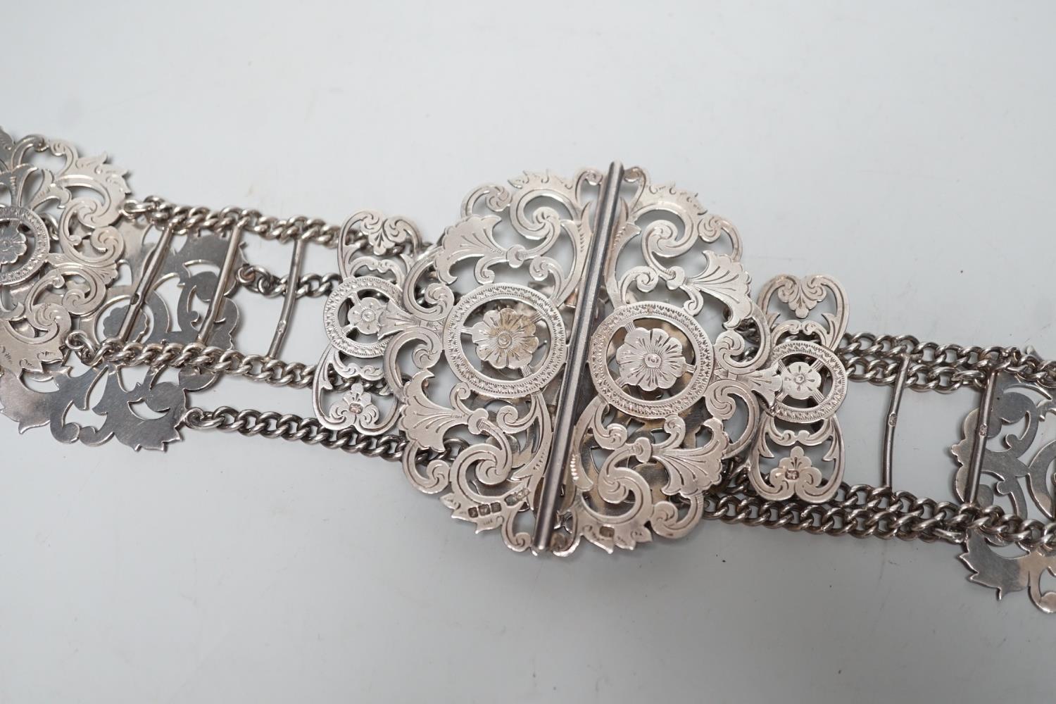 A late Victorian pierced silver belt, with chain links, James Dixon & Sons, Sheffield, 1898, overall - Image 3 of 5