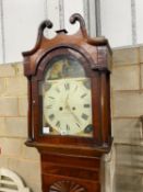 An early 19th century mahogany banded oak 8 day longcase clock with painted dial, height 229cm