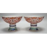 A large pair of 19th century Chinese stem bowls, painted with bats, Shou and lotus flowers, 12cm