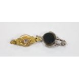 An Edwardian 9ct gold, sapphire and diamond chip set three stone brooch, 41mm, gross weight 33 grams