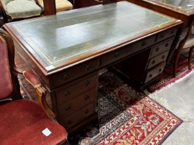 An early 20th century mahogany leather topped pedestal desk, width 137cm, depth 75cm, height 74cm