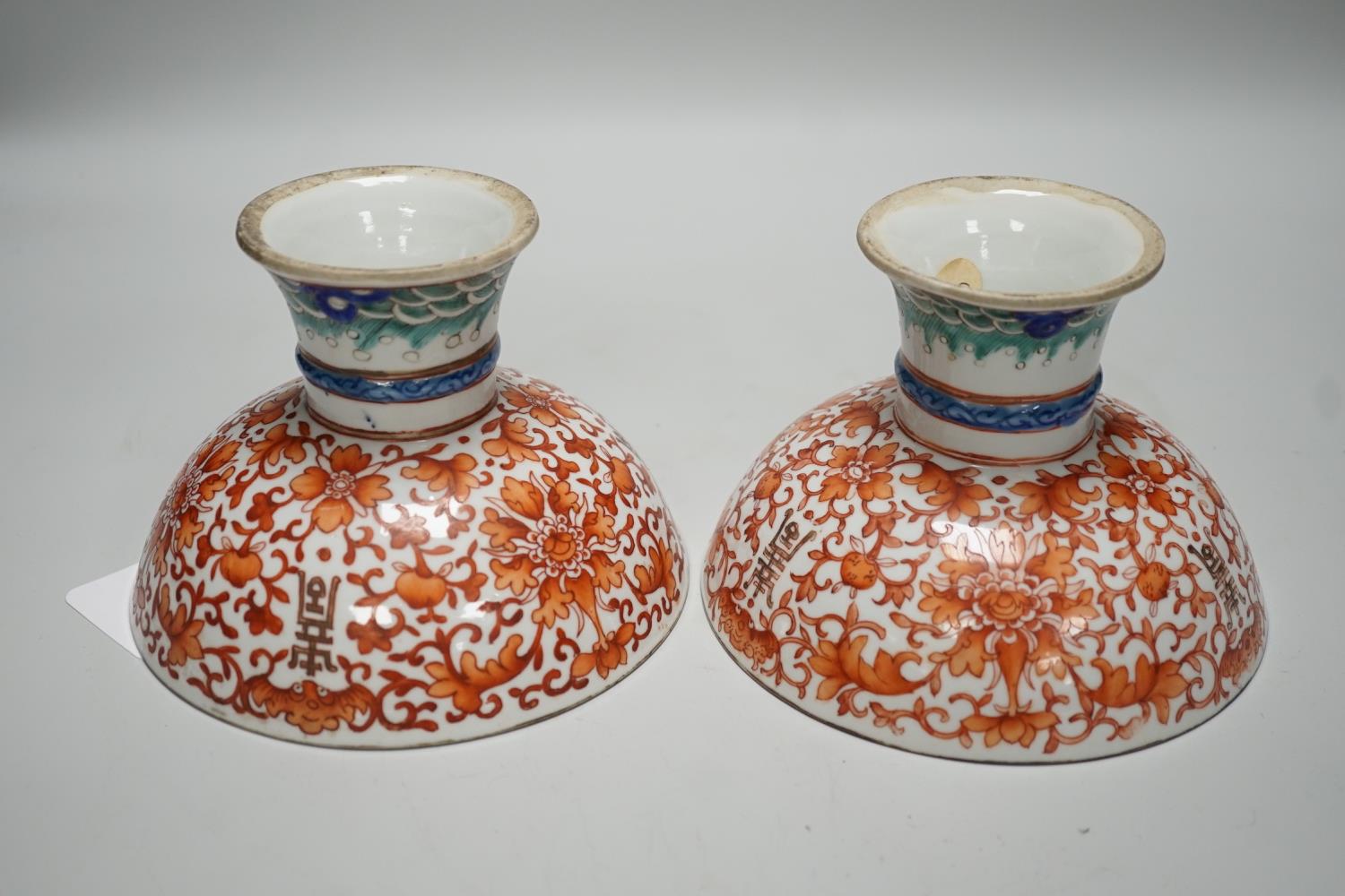 A large pair of 19th century Chinese stem bowls, painted with bats, Shou and lotus flowers, 12cm - Image 4 of 5