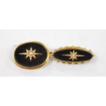 A Victorian 15ct, black onyx and seed pearl set oval mourning brooch, 29mm, gross 10.5 grams, and